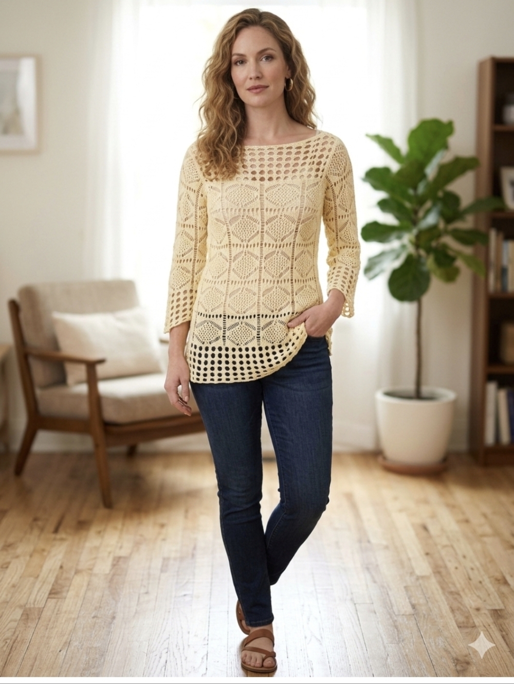 Jeanne Pierre Crochet Open Knit Top Size M
